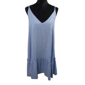 Amiani Linen Blend Mini Dress with Ruffle Hem in Light Blue